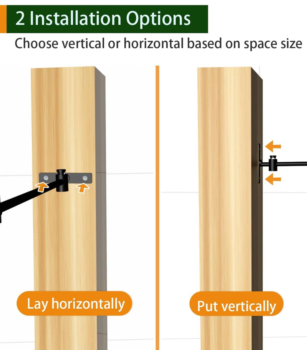 Black wall flag holder stand showing vertical and horizontal installation orientation