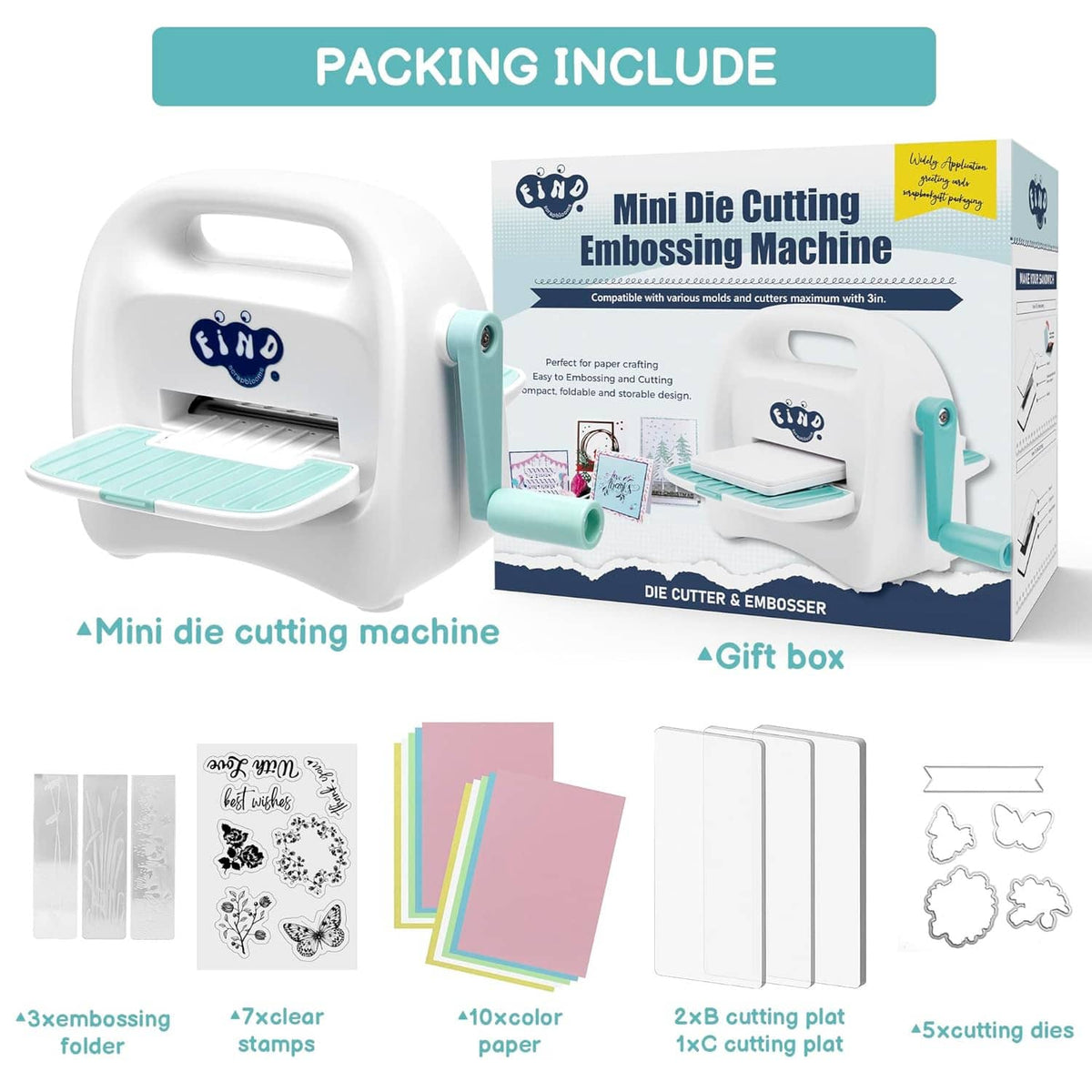 Mini die cutting and embossing machine in gift box packaging, teal and white
