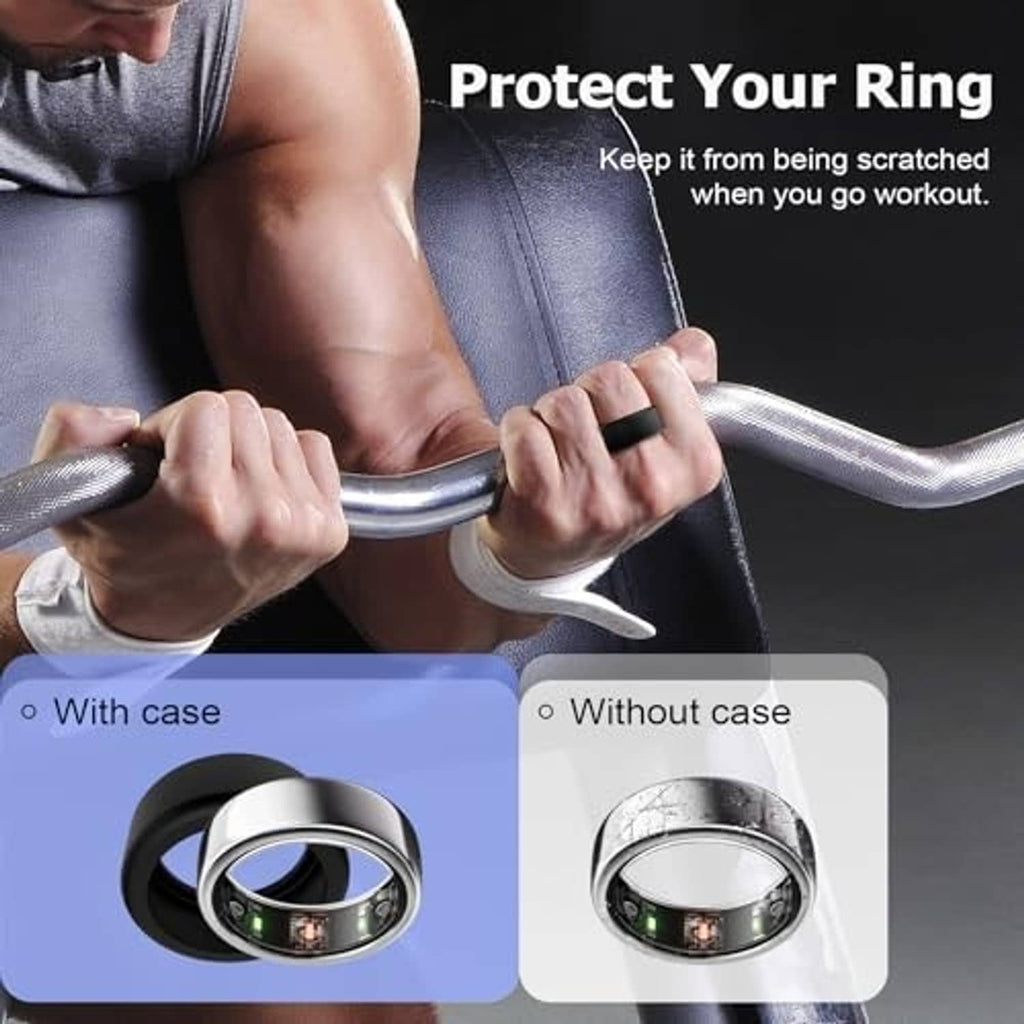 Black and silver elastic silicone ring covers, shown with snug protective fit