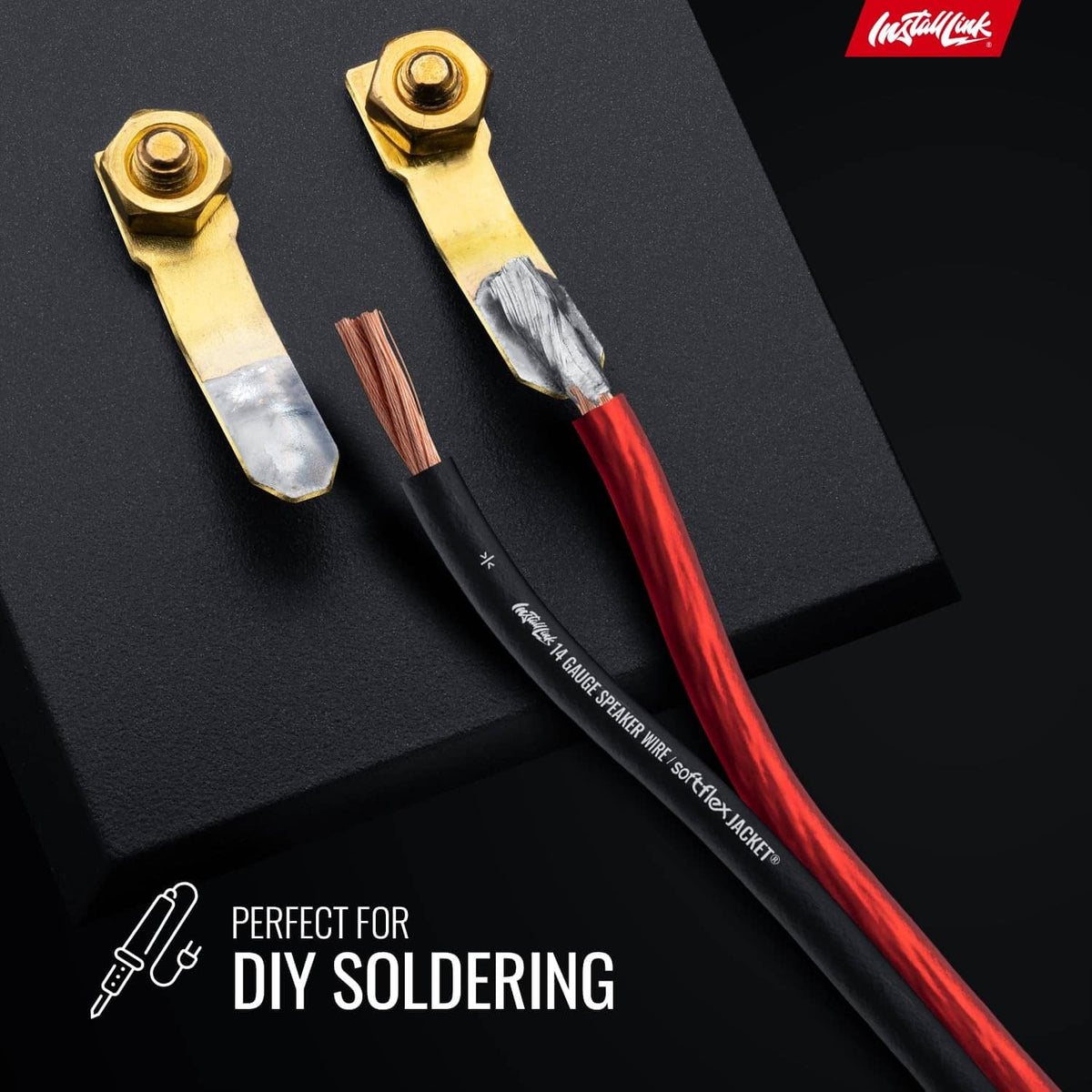 14 AWG speaker wire with exposed copper strands and crimp terminal ends
