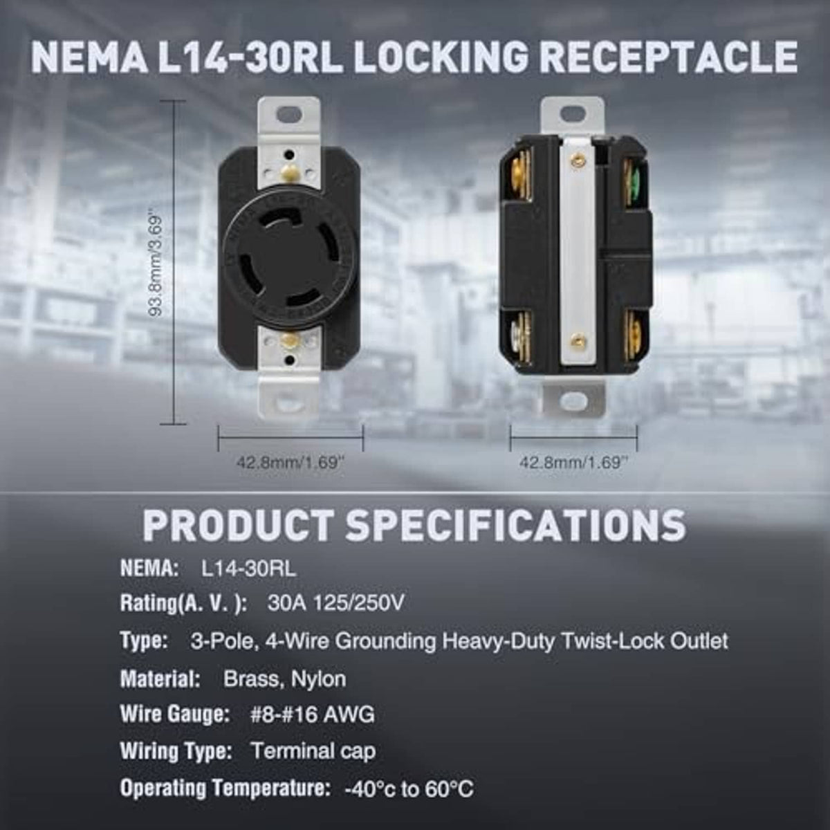 NEMA L14-30RL locking receptacle with black face and silver mounting strap and holes