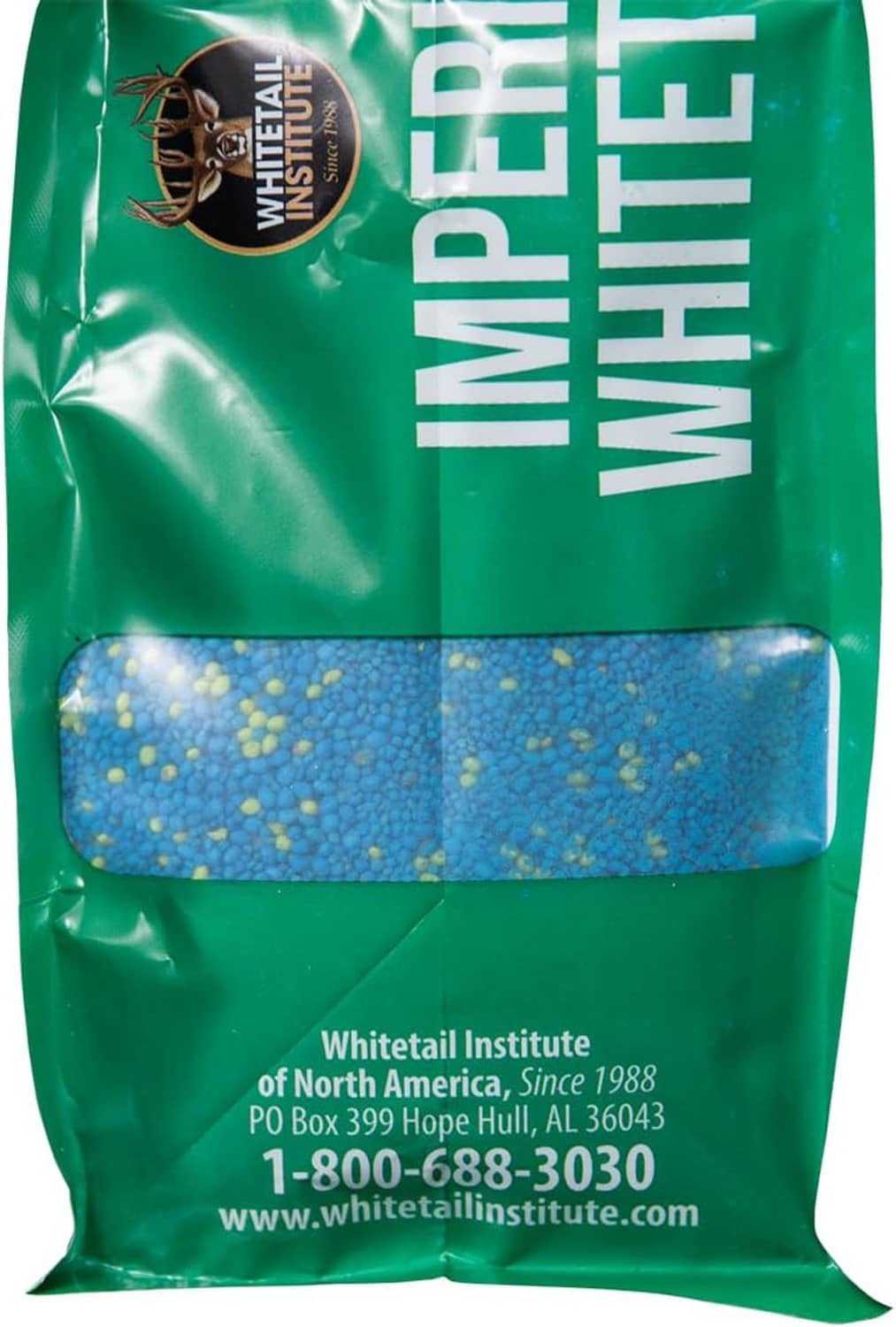 Imperial WhiteTail clover seed bag, green pouch with blue seed pellets view window