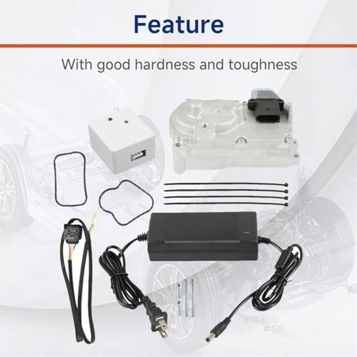 Turbocharger actuator kit components with silver actuator, black controller, cables, and gasket