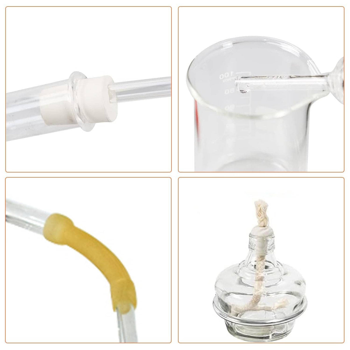 Close-up of glass distiller connectors with white fittings and attached tubing