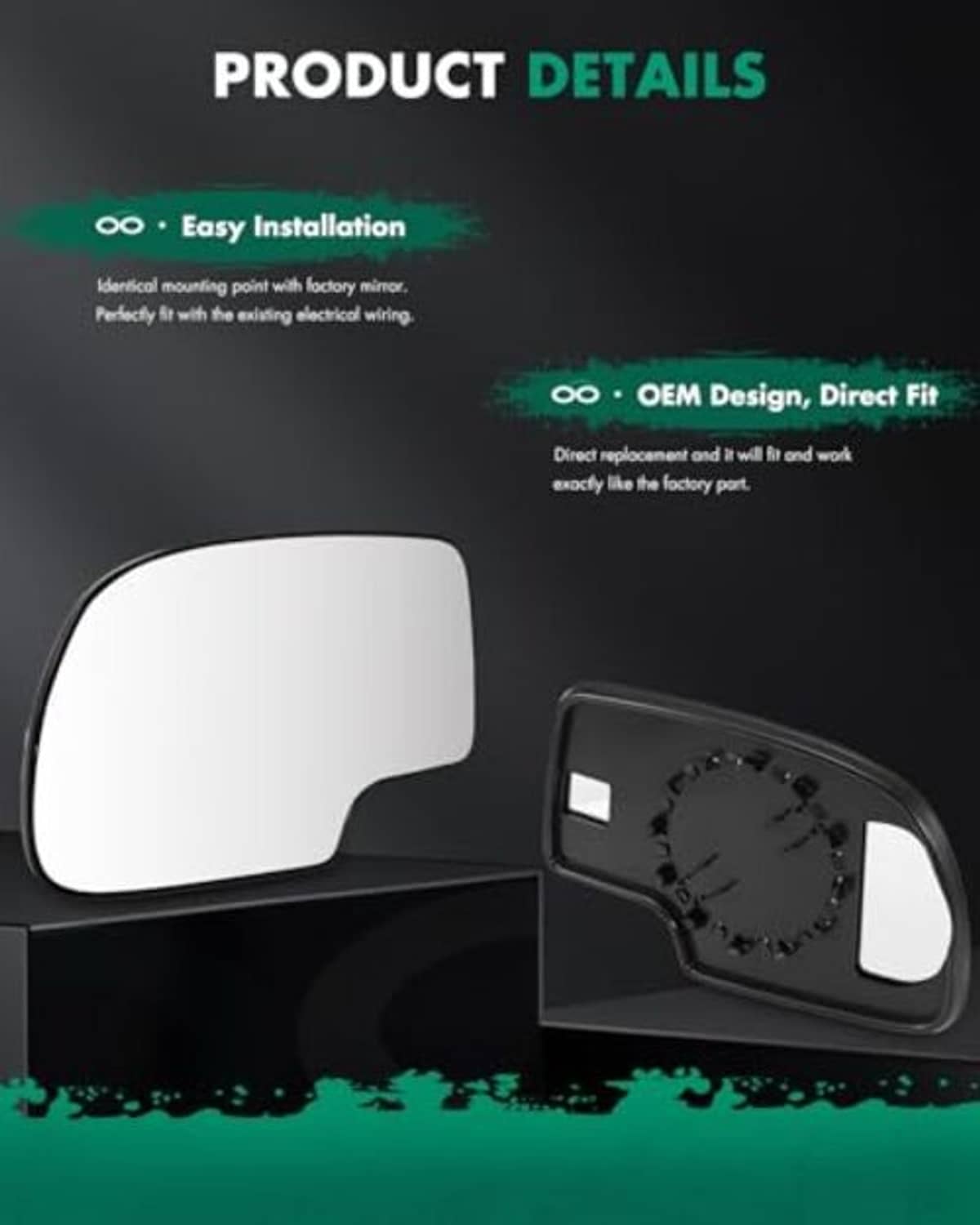 Mirror glass and backing plate diagram for OEM direct fit on driver left side
