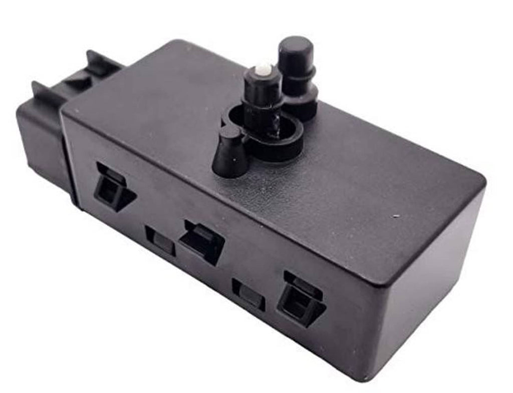 Power seat adjuster switch module, dark gray box with multiple connector openings and buttons