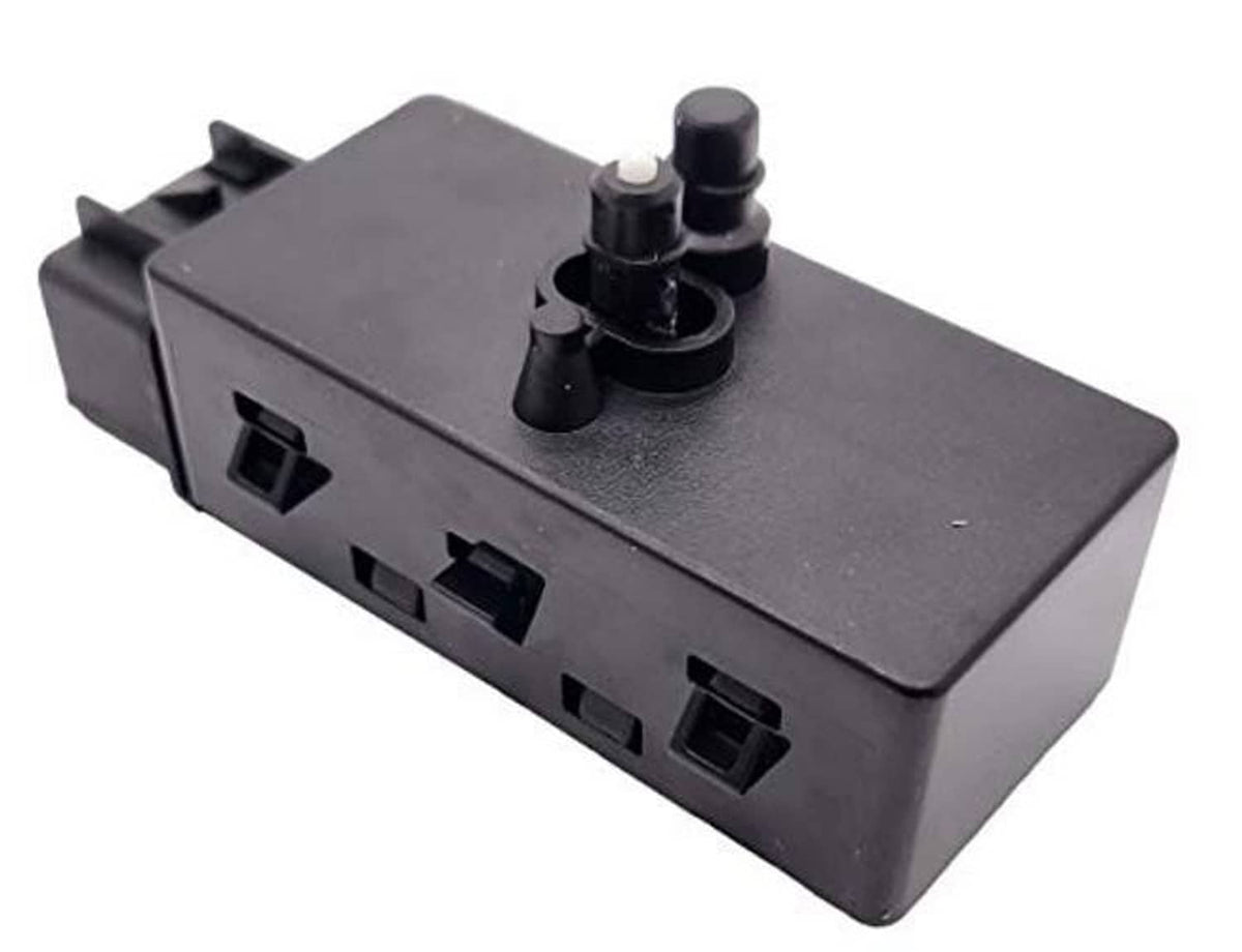 Power seat adjuster switch module, dark gray box with multiple connector openings and buttons