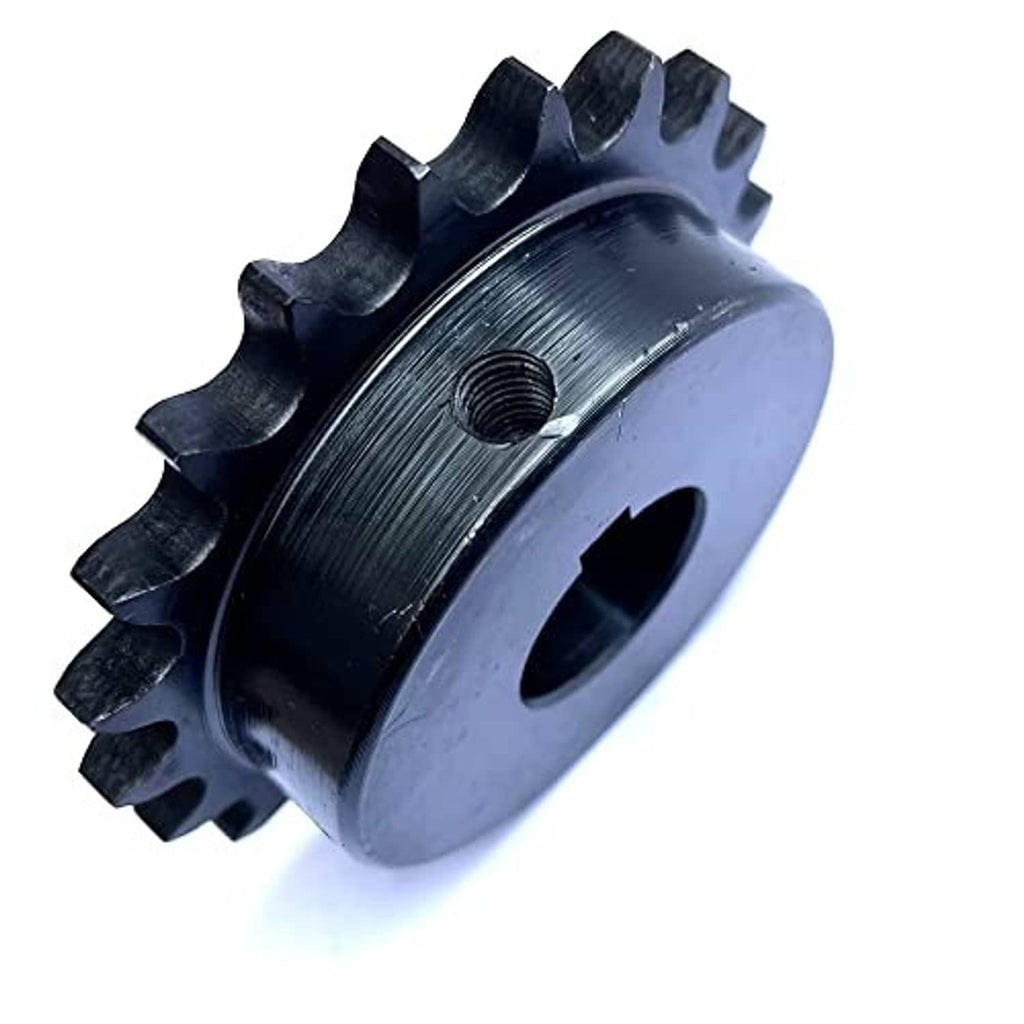 #40 roller chain sprocket angled view, dark steel with central threaded bore
