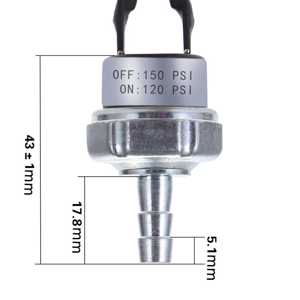 Air pressure switch with metal body and OFF/ON PSI markings, close-up with dimensions