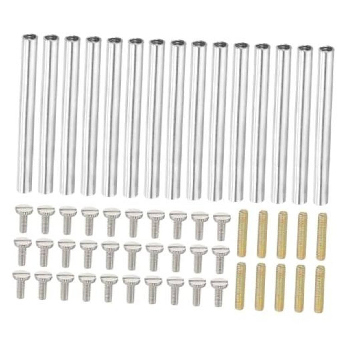 M4 coupling nut and screw kit with 50mm coupling rods, mixed steel and brass-colored parts