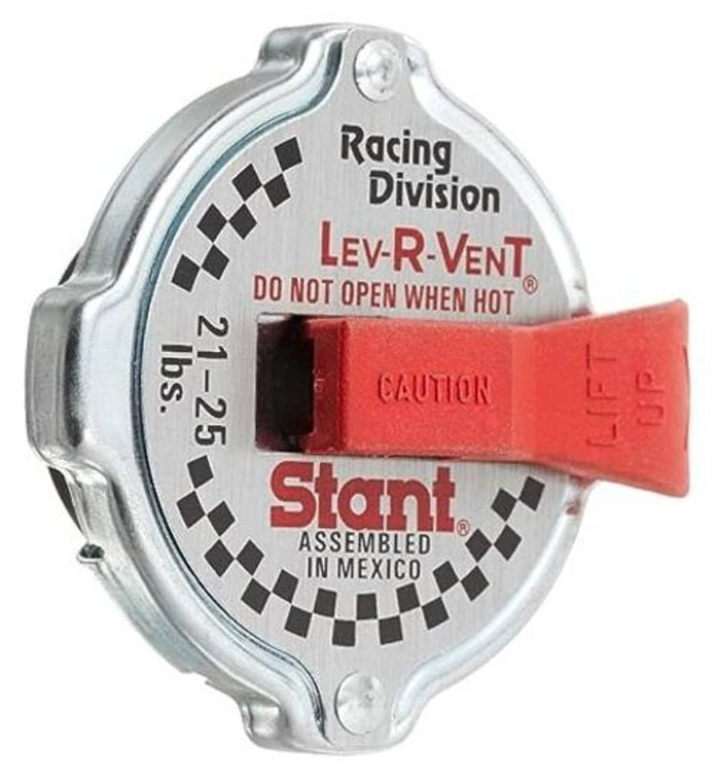 Racing safety radiator cap with silver housing and red lever-style warning tab