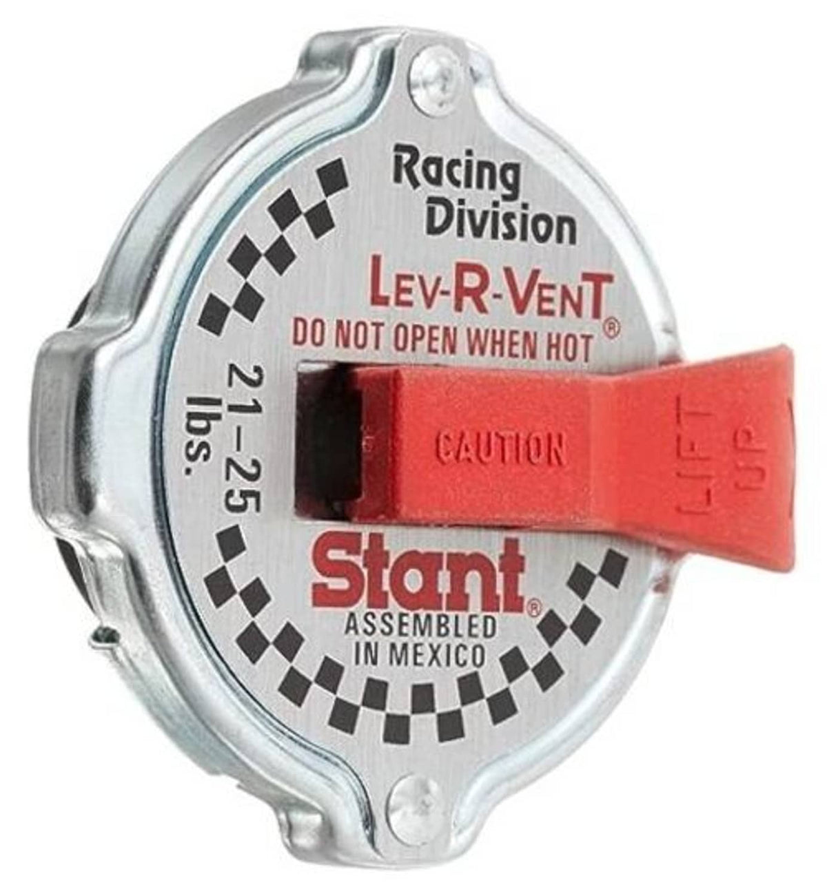Racing safety radiator cap with silver housing and red lever-style warning tab