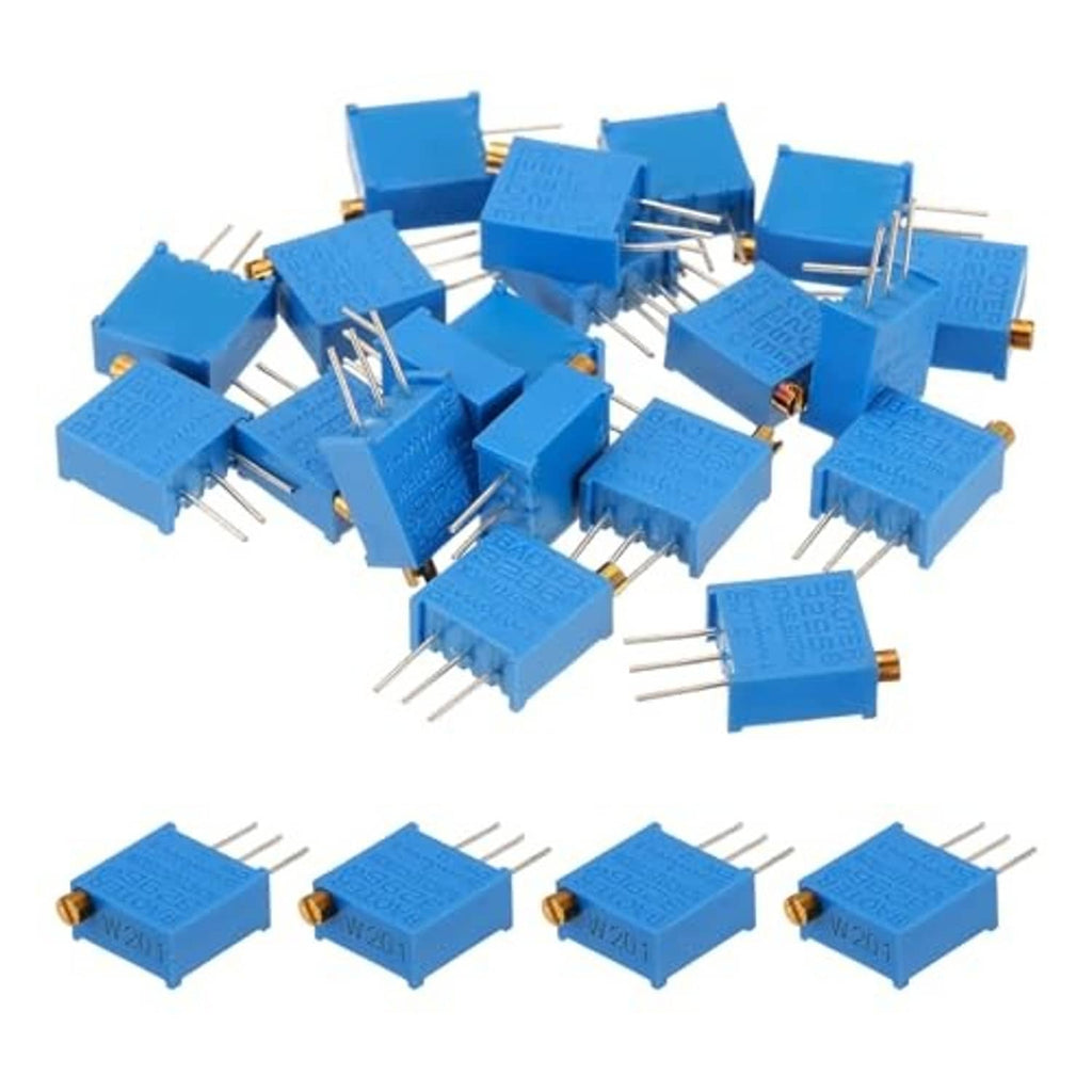 Assorted blue multiturn trimmer potentiometers, each with 3-pin leads and gold adjustment screw