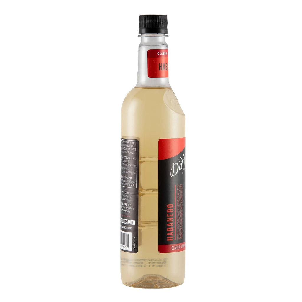 DaVinci Gourmet Classic Habanero syrup bottle side, black label panel and red band