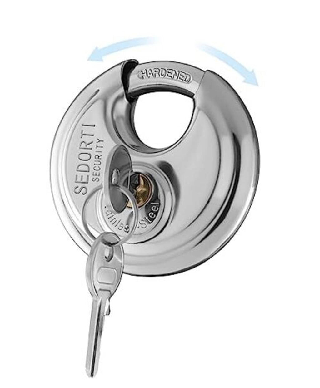 Stainless steel disc padlock with keys, compact round design and key cylinder