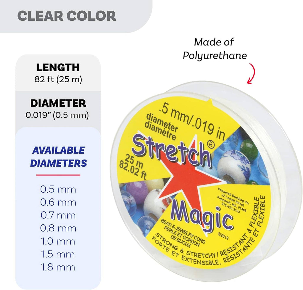 Clear elastic beading cord package with length and diameter details