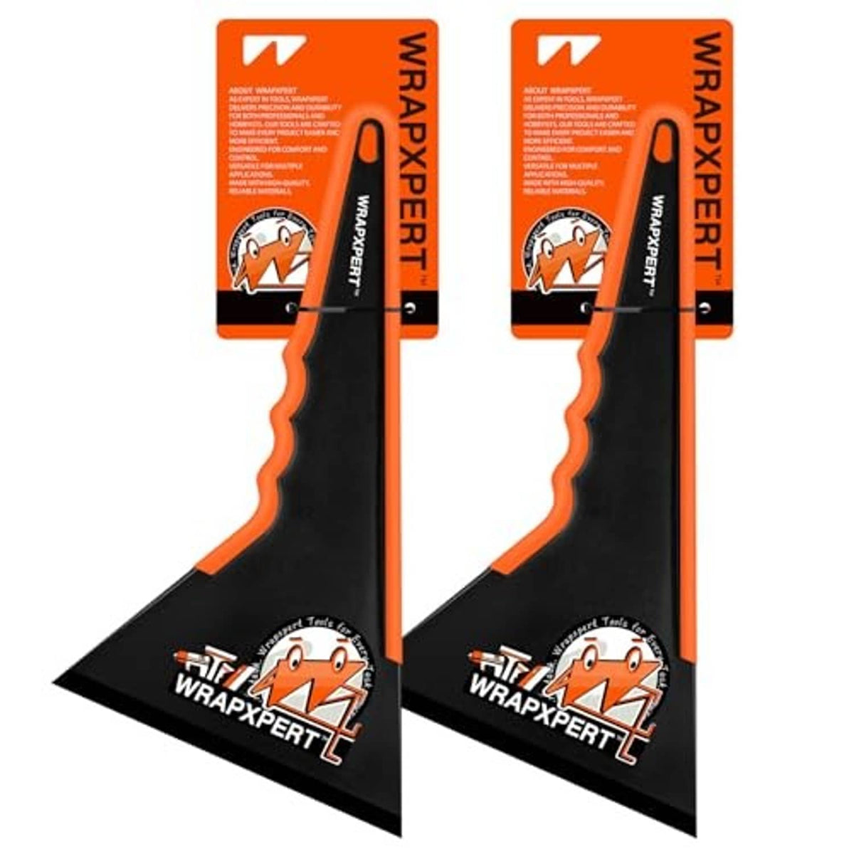 Two black-and-orange window tint squeegees with long handles and wide triangular blades