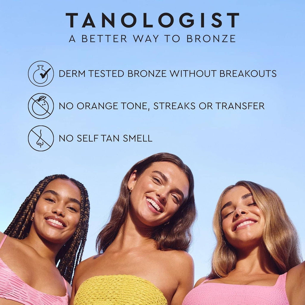 Four smiling women in pink tops with tan-benefit icons