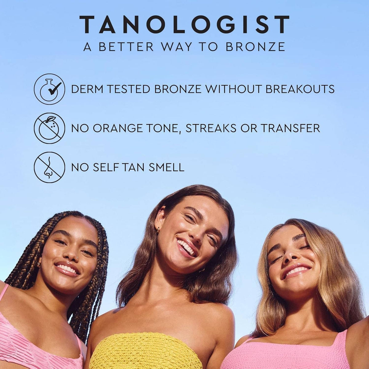 Four smiling women in pink tops with tan-benefit icons