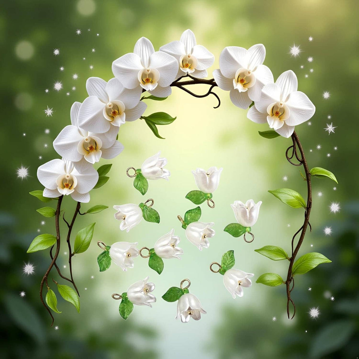 White bell orchid pendant beads with green leaves and gold loop rings, floral arrangement