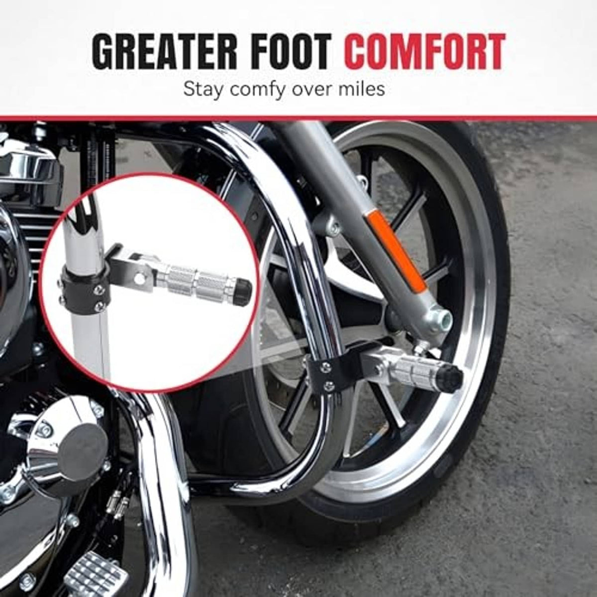 Motorcycle foot pegs on a bike frame, showing silver textured grip and black bracket