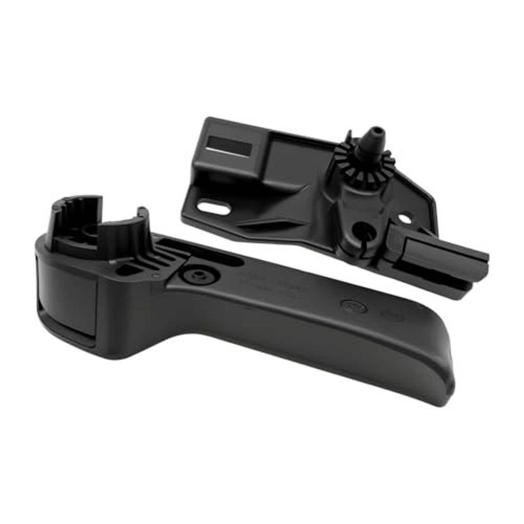 Black hood latch release handle with bracket, close side view.