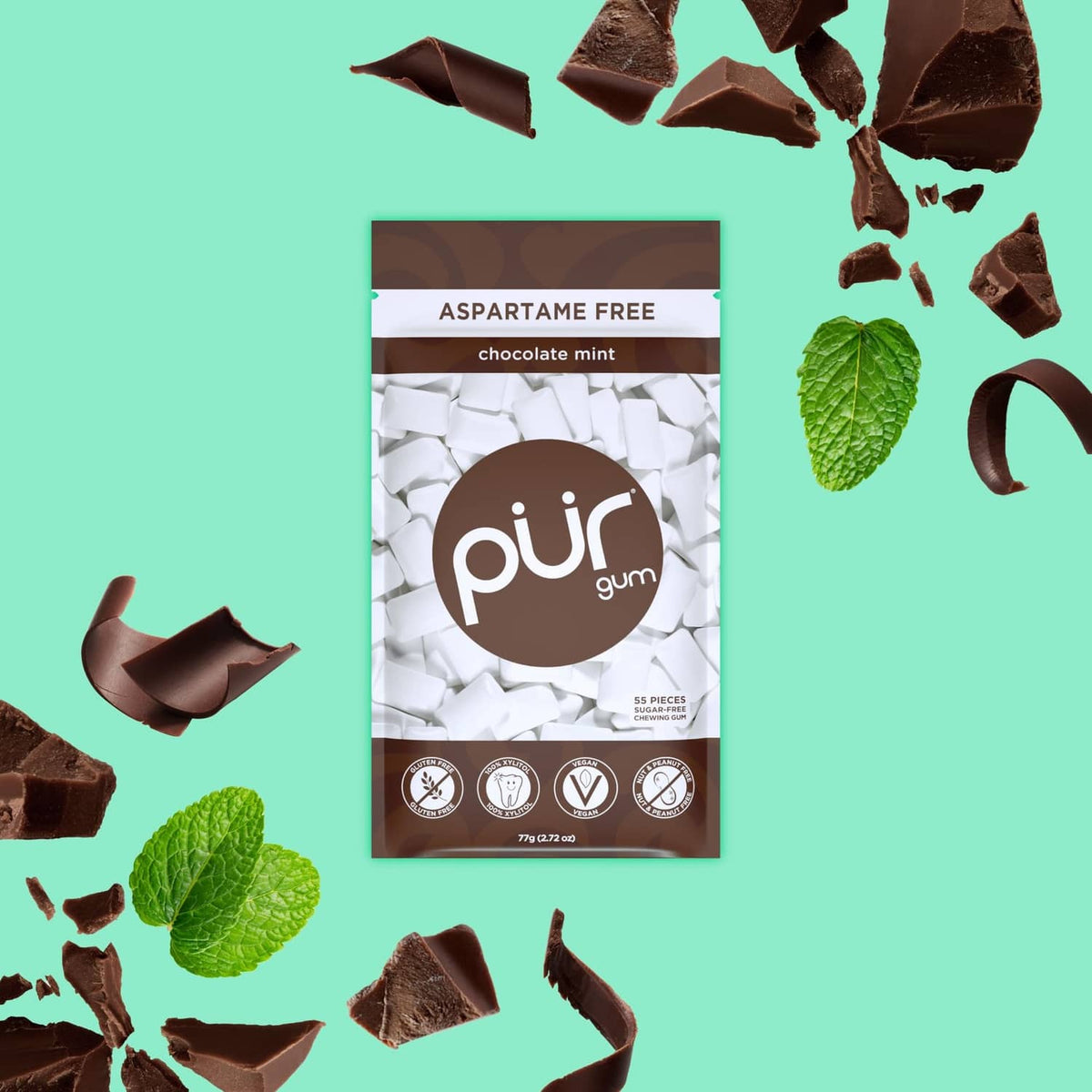 PUR chocolate mint gum pouch, aspartame-free, with 55 pieces count