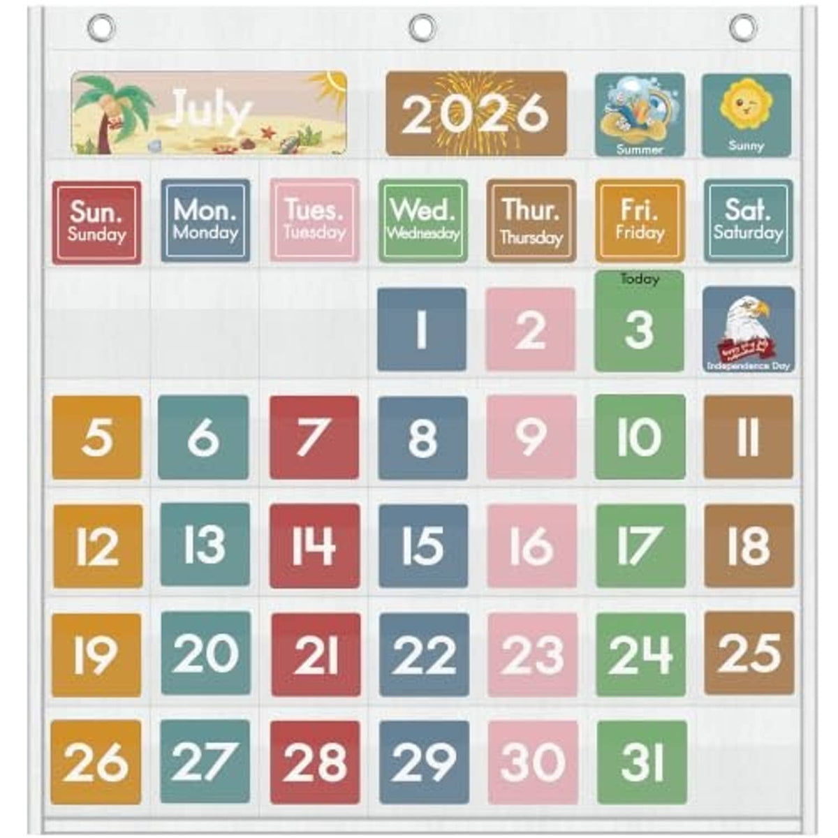 Close-up white classroom calendar pocket chart with 2026 header and numbered date pockets