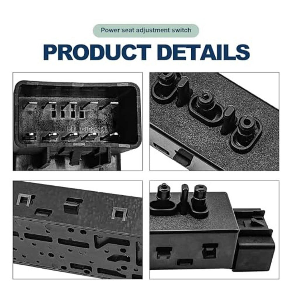Power seat adjustment switch, close-up of black control knobs and connector ports