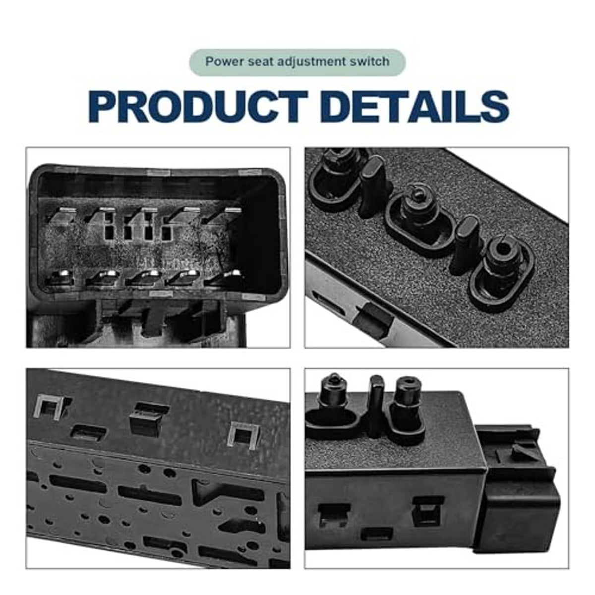 Power seat adjustment switch, close-up of black control knobs and connector ports