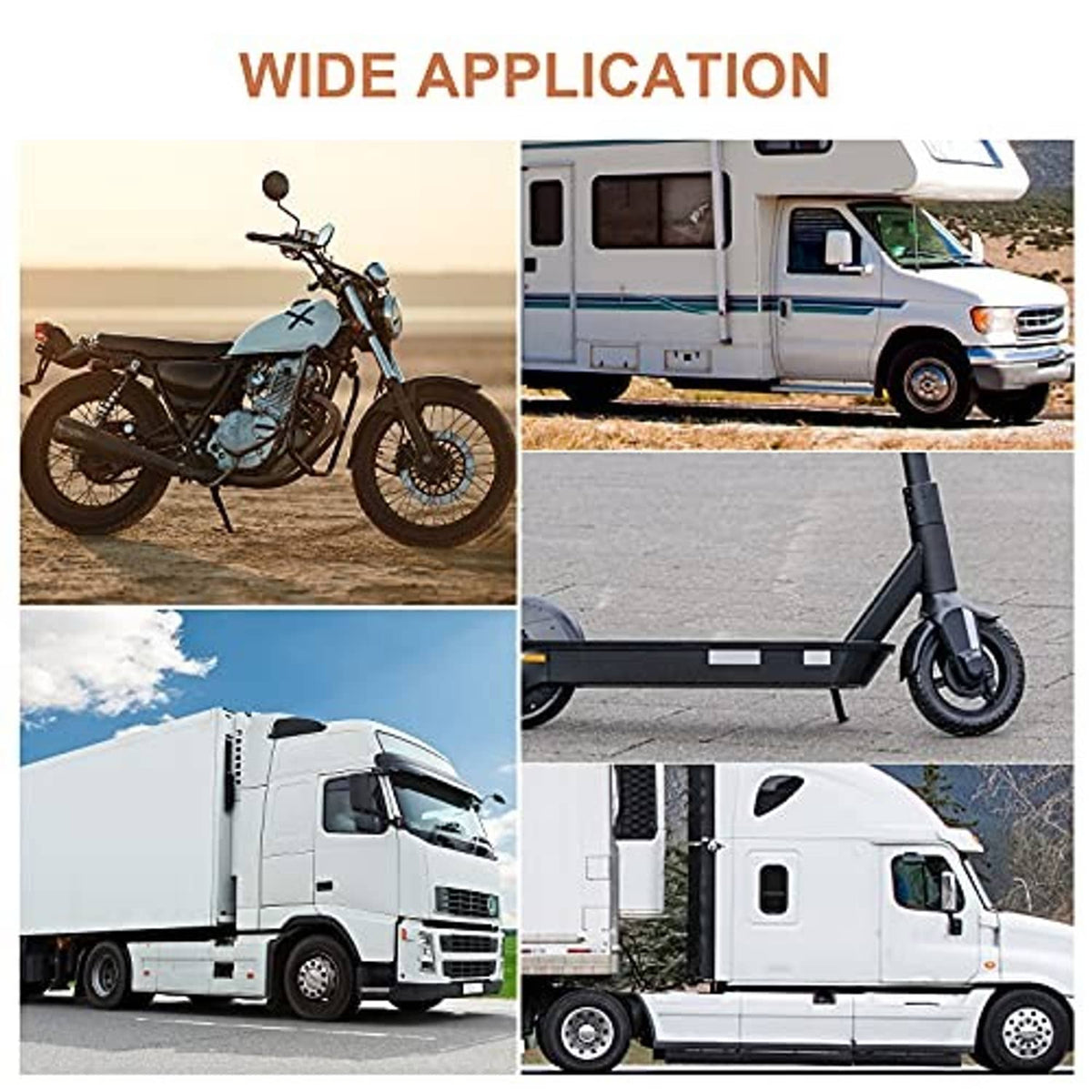 Collage of motorcycle, truck, scooter, and electric car for valve core compatibility