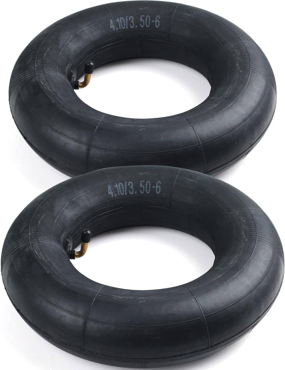 Two black 4.10/3.50-6 tire inner tubes laid side by side with valve stems