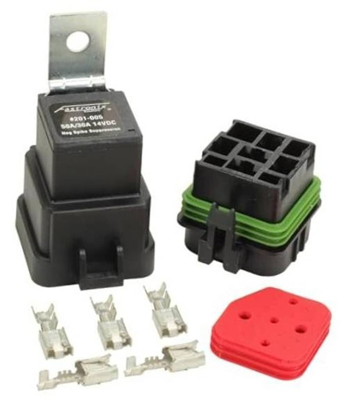 Weatherproof automotive relay and socket kit with mounting bracket, terminals, red cover
