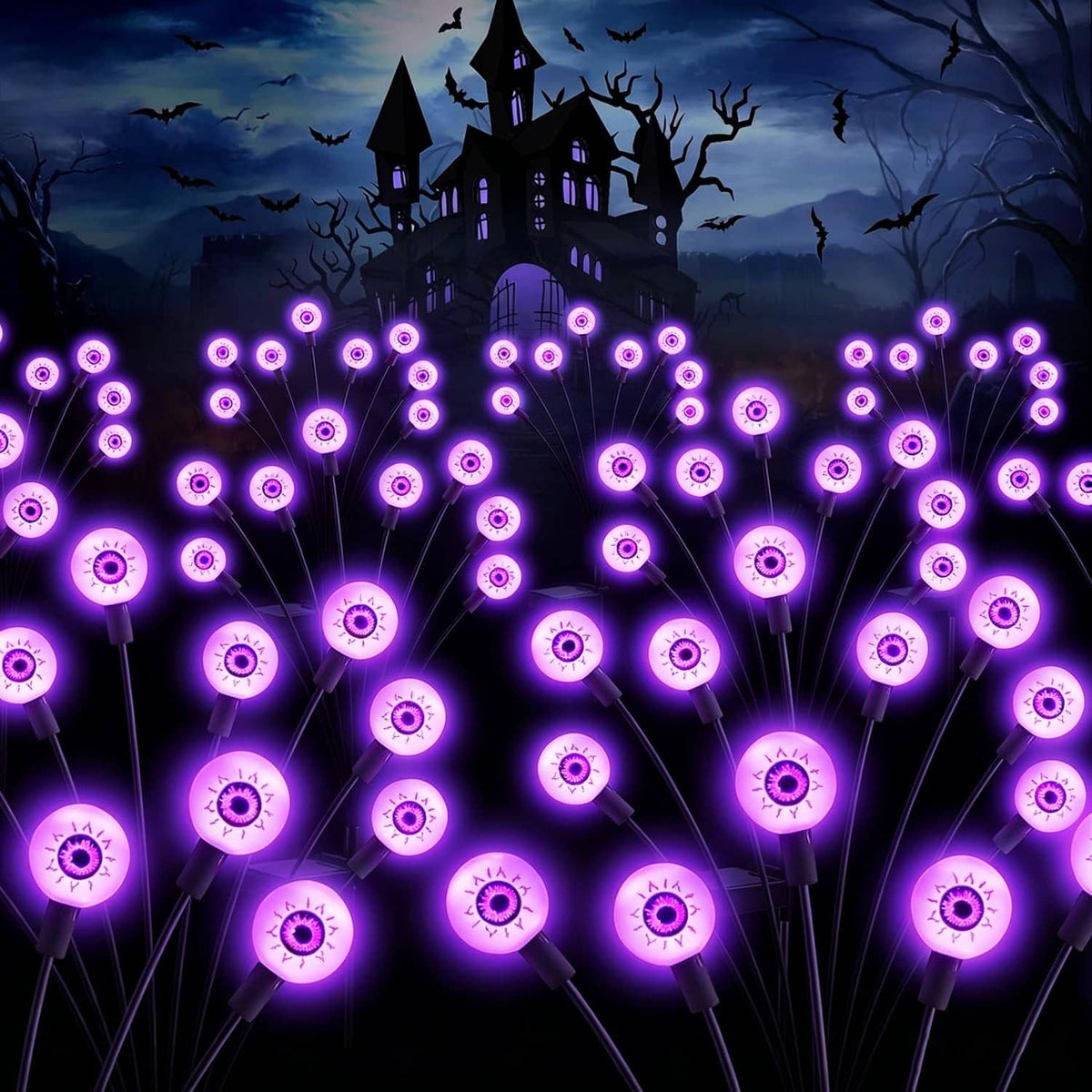 Solar Halloween stake lights with purple glowing circular LED heads, 10-pack