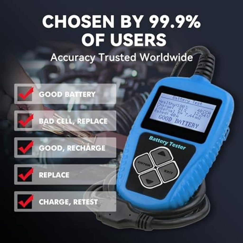 Blue handheld battery tester with LCD screen and attached power cable