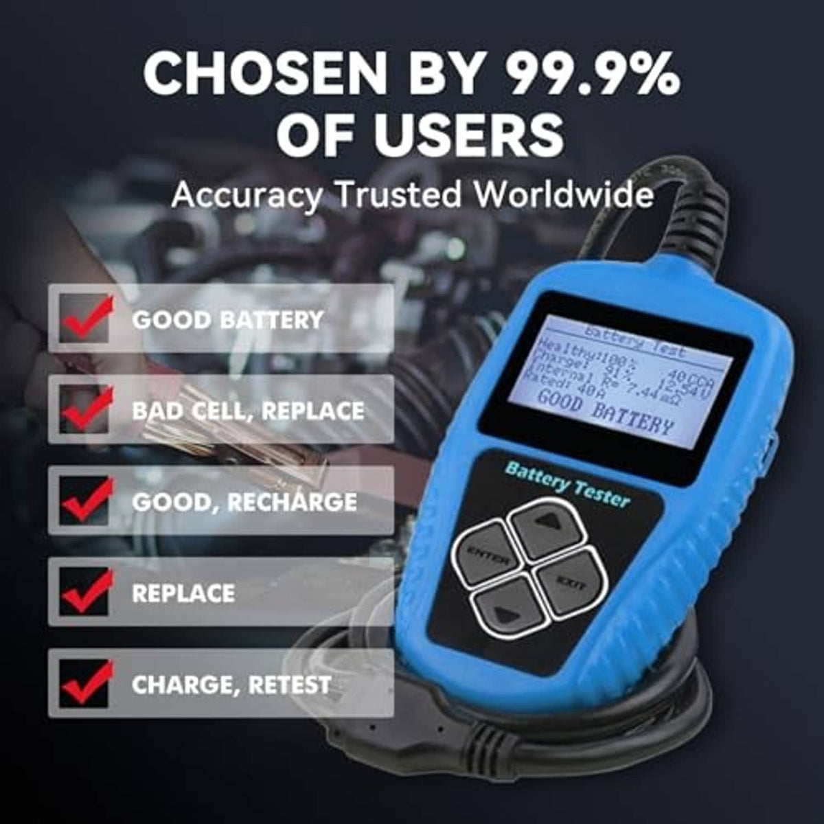 Blue handheld battery tester with LCD screen and attached power cable