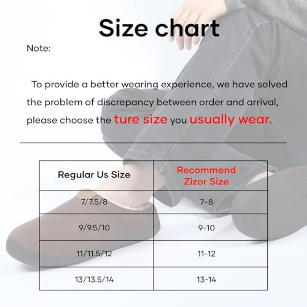 Slip-on moccasin slippers size chart graphic with size recommendations table