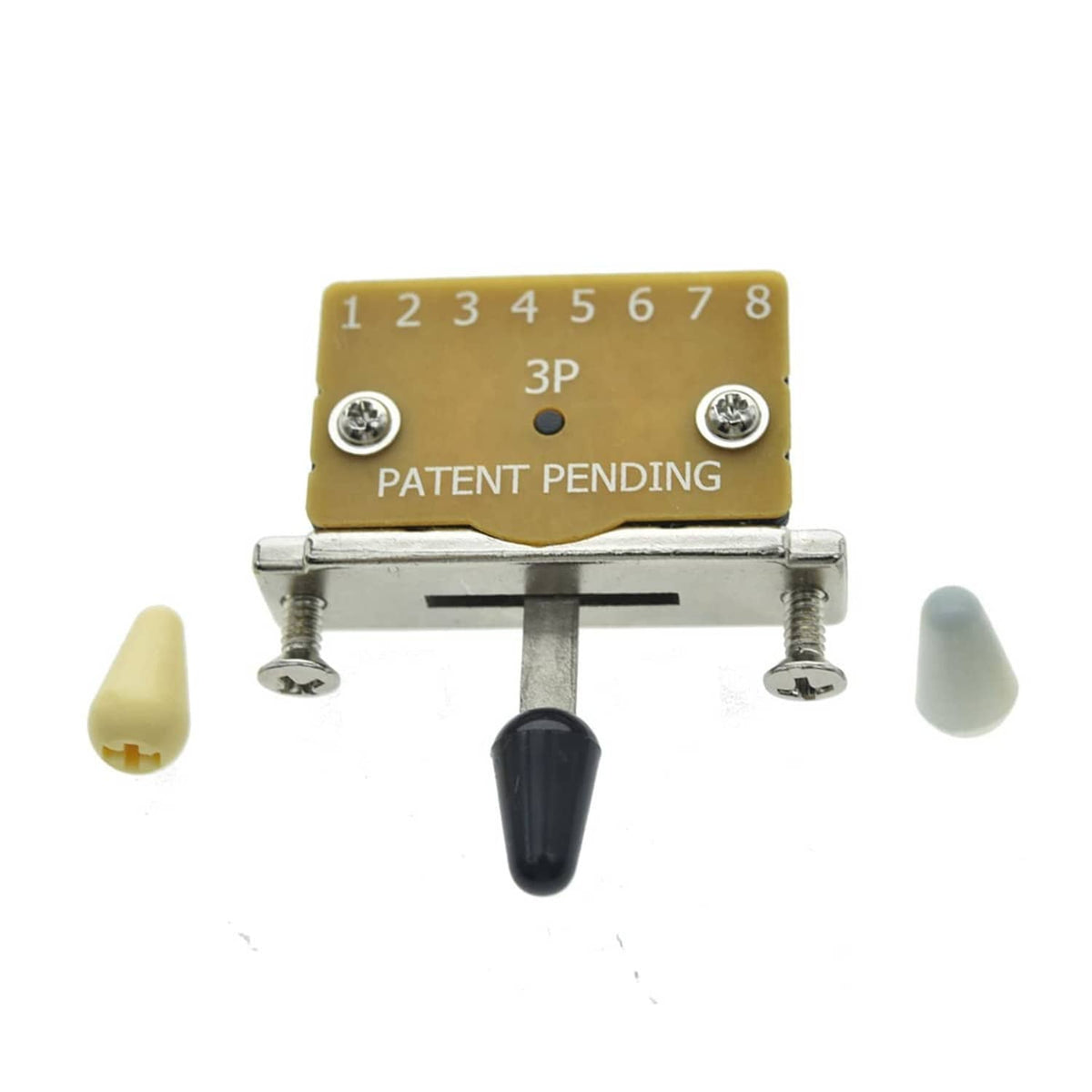 3-way guitar pickup selector switch with yellow cover labeled 3P and patent pending, three caps