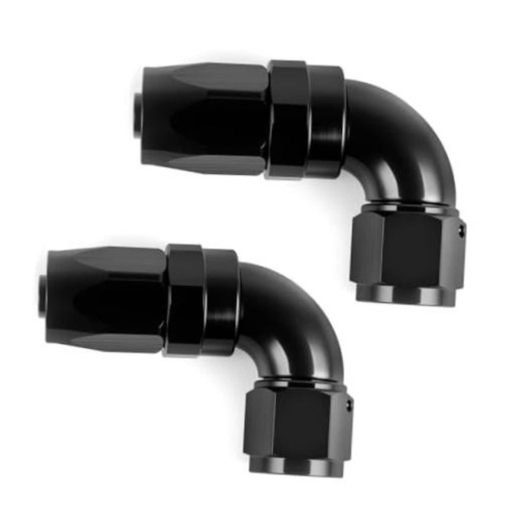 Black 90-degree swivel hose end fitting with hex-mount connection, single-piece elbow
