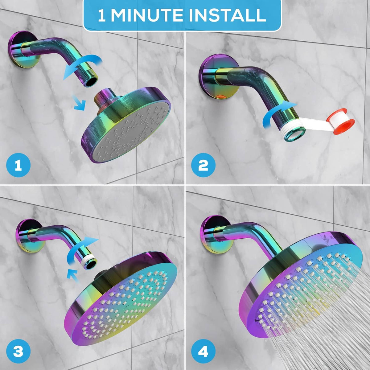 Rainbow 6-inch rain shower head during installation on a wall shower arm