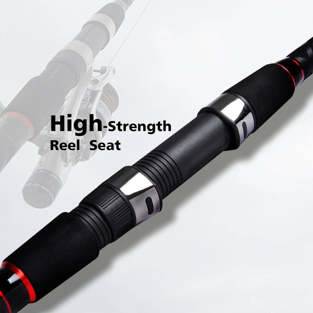 Black spinning rod handle with ribbed reel seat and red trim rings