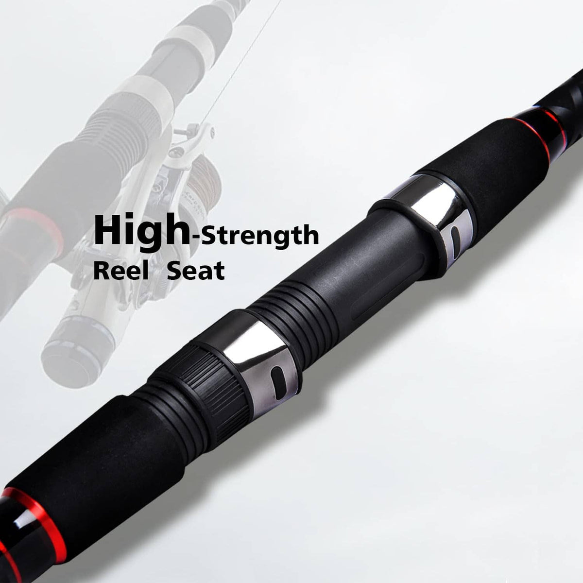 Black spinning rod handle with ribbed reel seat and red trim rings