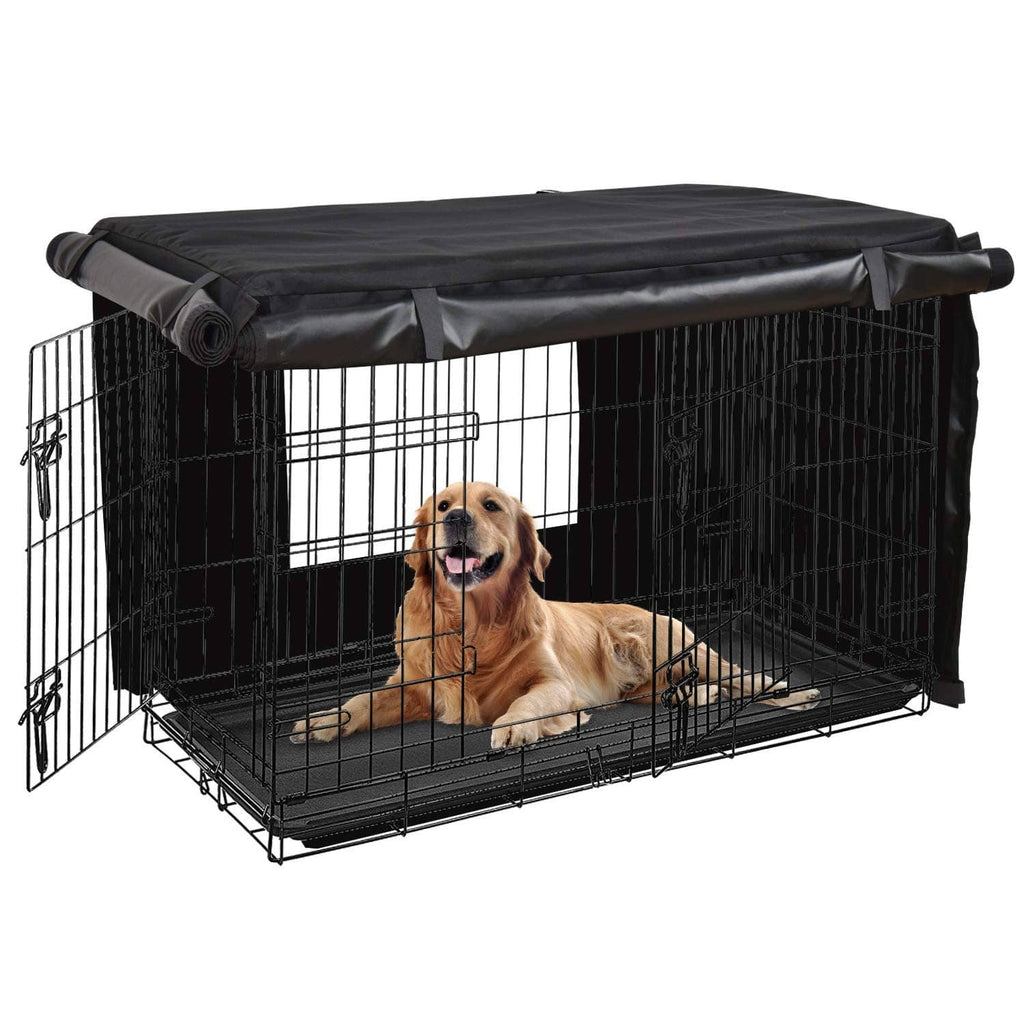 Black dog crate cover with top panel and side openings over a wire kennel
