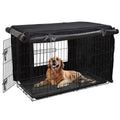 Black dog crate cover with top panel and side openings over a wire kennel