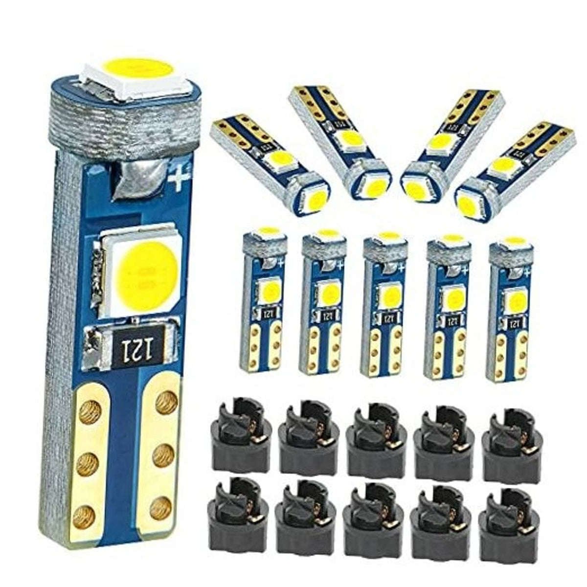 Set of T5 LED dashboard bulbs with blue holders and yellow-white LED chips