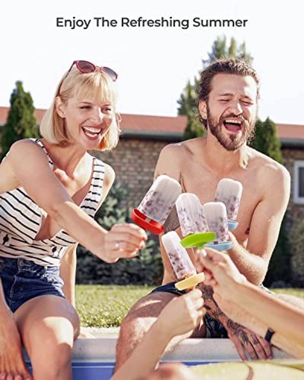 Frozen popsicles with plastic holders, smiling people enjoying homemade treats