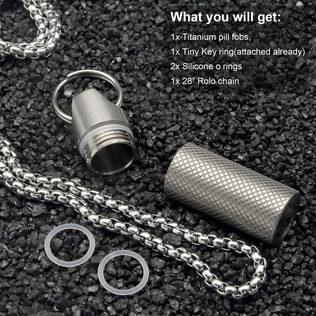 Titanium pill fob necklace set with textured cylinder capsule, o-rings, and keyring on chain