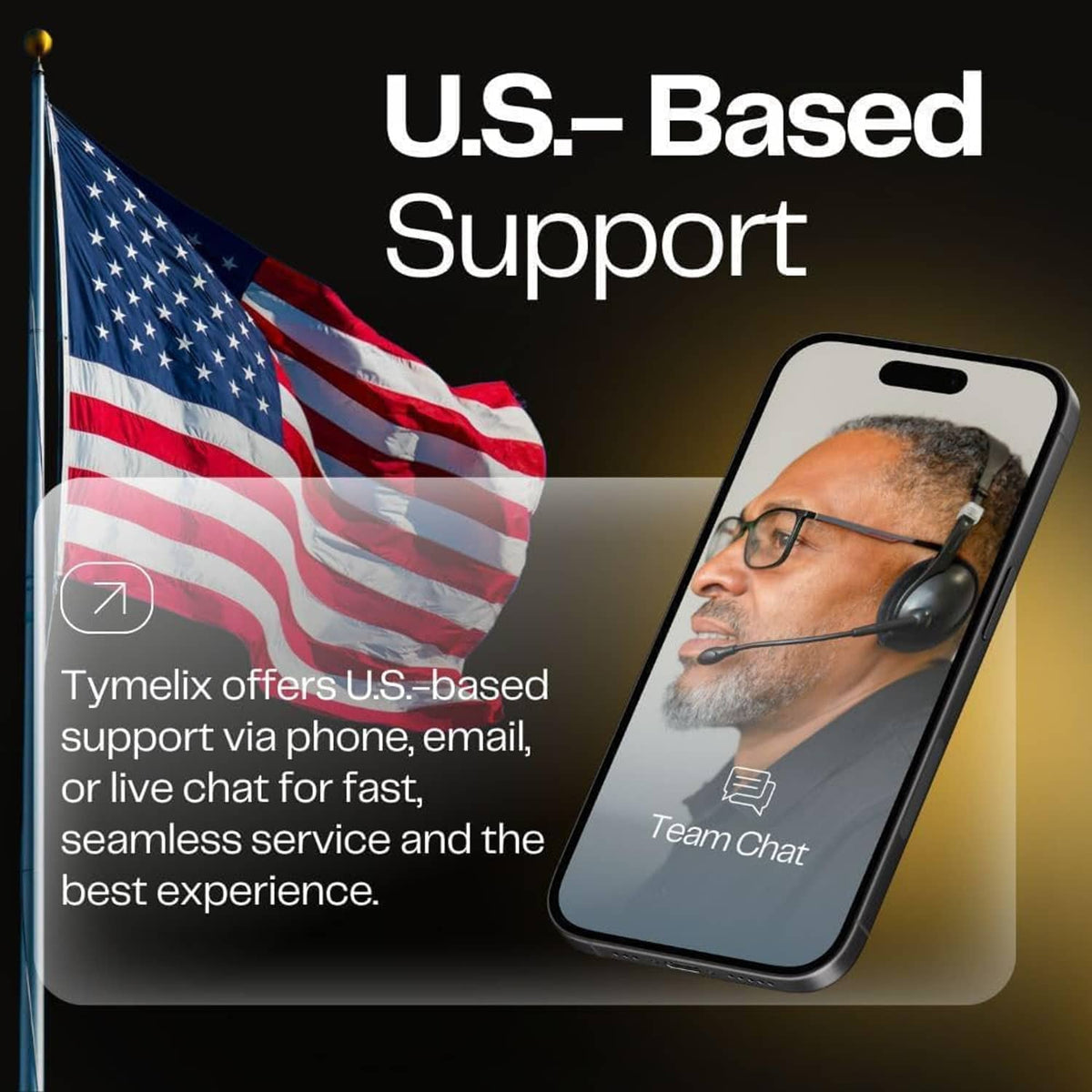 Smartphone showing Team Chat with support headset agent and U.S. flag background