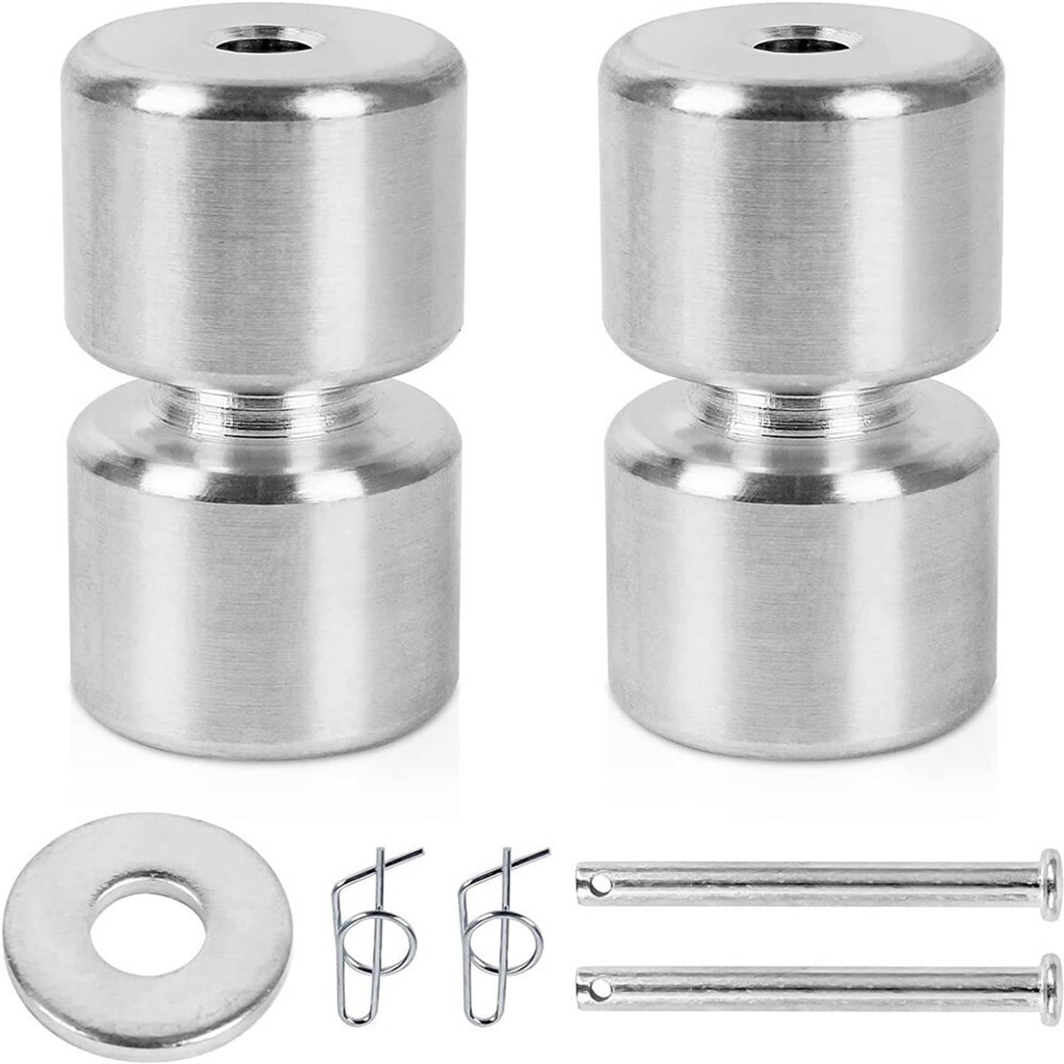 Aluminum lift assist roller pin and washer set, chrome-silver finish