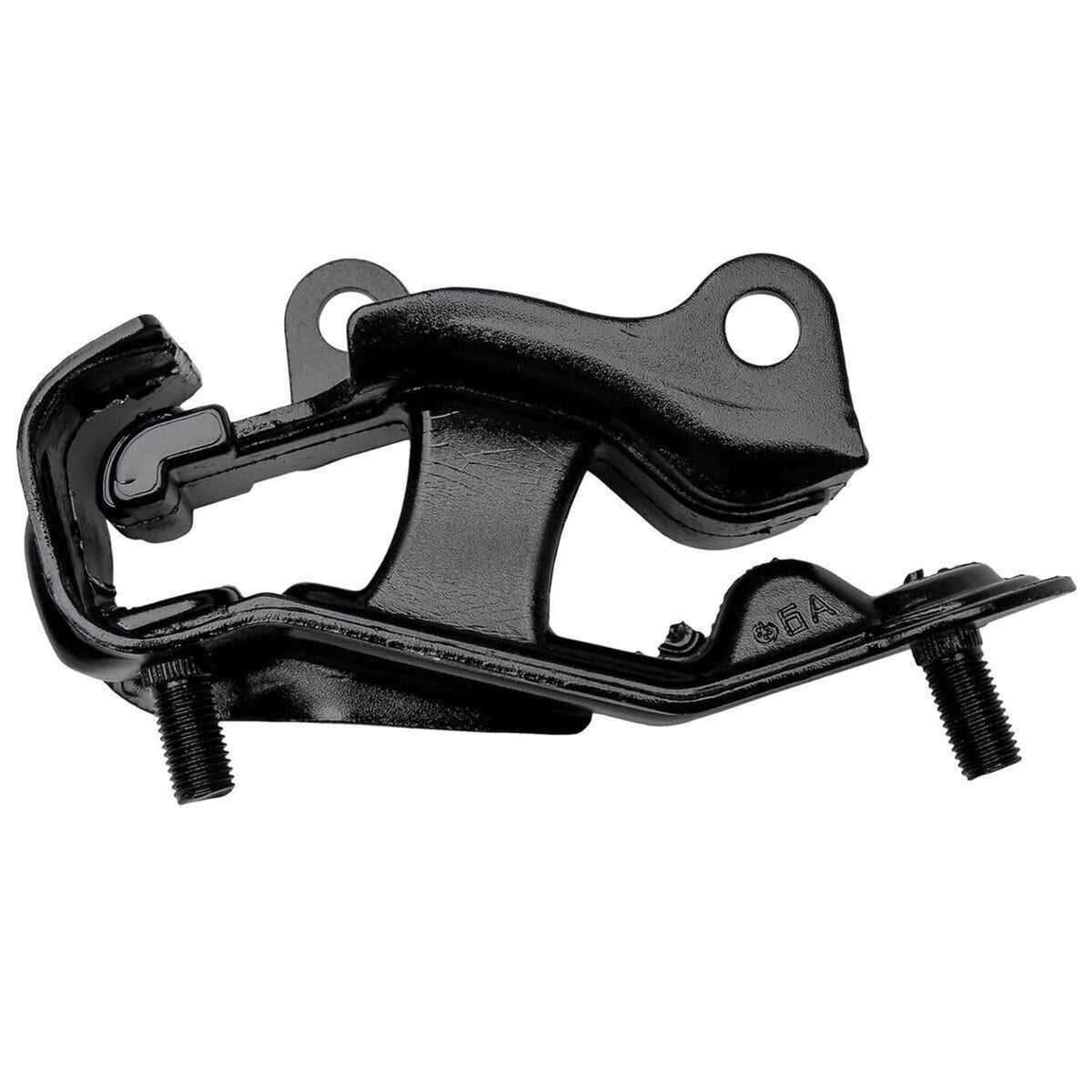 Black engine torque mount bracket with rubber bushing and two threaded studs